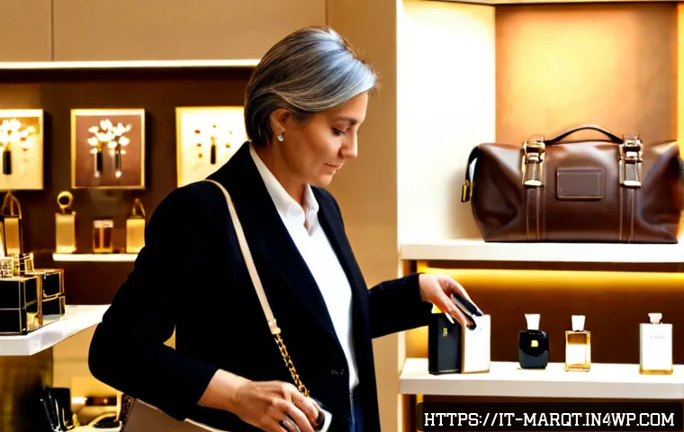 향기 마케팅을 위한 최신 연구 결과 - Photorealistic modern Italian boutique in Milan, a middle-aged shopper calmly examining an elegant u...